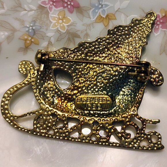 Vtg 40s 50s Eisenberg Ice Santa Sleigh, Christmas Tree Bow Brooch Signed 1.5" - Picture 3 of 5